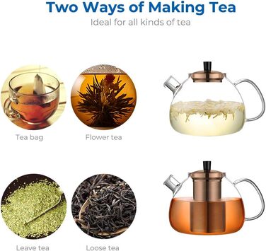 Скляний чайник з ситечком для чаю 1500 мл, скляний чайник, прозорий, термостійкий, зі знімним ситечком для чаю з нержавіючої сталі, для чорного чаю, зеленого чаю, ароматизованого фруктового чаю Type1 Silver (1500 мл, Type3 Bronze-1500 мл)