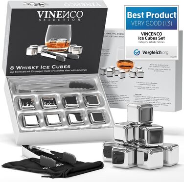 Набір каменів для віскі - 8 багаторазових кубиків льоду, щипці, тканинний мішок, VINENCO