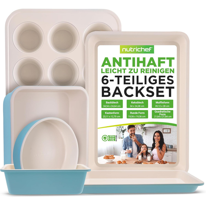 Набір листів для випікання NutriChef із 6 предметів з антипригарним покриттям, прямокутна форма для брауні, піци, печива та тортів, деко для духовки, придатне для миття в посудомийній машині, квадратна сталева форма для торта, лист для тіста (бірюзовий)