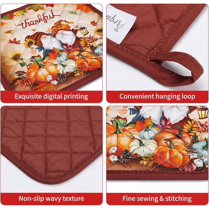Набір з 2 кухонних рукавиць та підставок для каструль Arquiel Gnome Autumn Orange Checked, 100 бавовняні кулінарні рукавички, термостійкі кухонні рукавички для приготування їжі, осінній декор, подарунки для жінок (осінній гном, духовка*2 підставка для кас