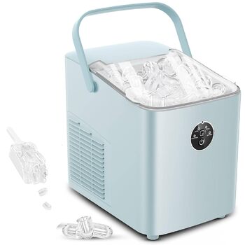 Льодогенератор FOHERE 14 кг 24 години, 8 кубиків льоду за 6 хвилин, 2 розміри кубиків льоду, самоочисний льодогенератор з ручкою, льодосборником та кошиком, льодогенератор для вечірки, офісу, будинку на колесах (BabyBlue)