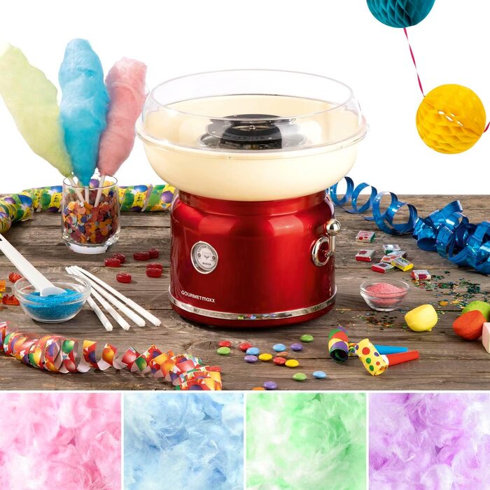 Апарат для виробництва цукрової вати GOURMETmaxx для дому з аксесуарами Ретро-апарат для виробництва цукрової вати Ностальгія з паличками для цукрової вати та мірною ложкою Цукрова вата для дитячих свят Білий (Червоний / Ванільний)