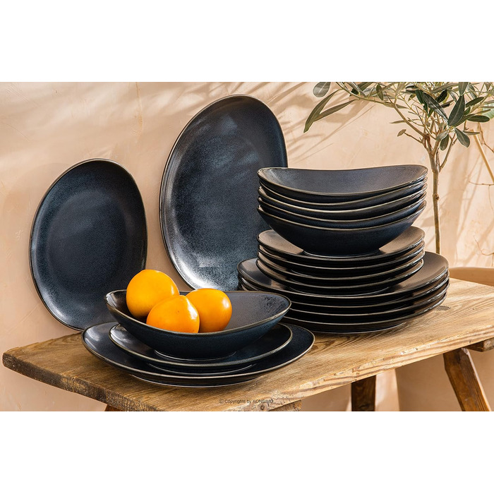 Набор посуды Combi на 6 персон - TIME BLACK Набор тарелок для микроволновой печи Modern 18 шт. - Можно мыть в посудомоечной машине Твердый фарфоровый сервиз - Обеденная тарелка Тарелка для завтрака Суповая чашка 18 шт. (Черный / Графитовый / Темно-синий, 