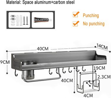 Підвісна підставка для спецій, настінне кріплення, підвісна підставка для горщиків, підставка для кухонного начиння з гачками, кухонна підставка для зберігання (40 см, 2 склянки) (Сірий, 40 см 1 склянка)