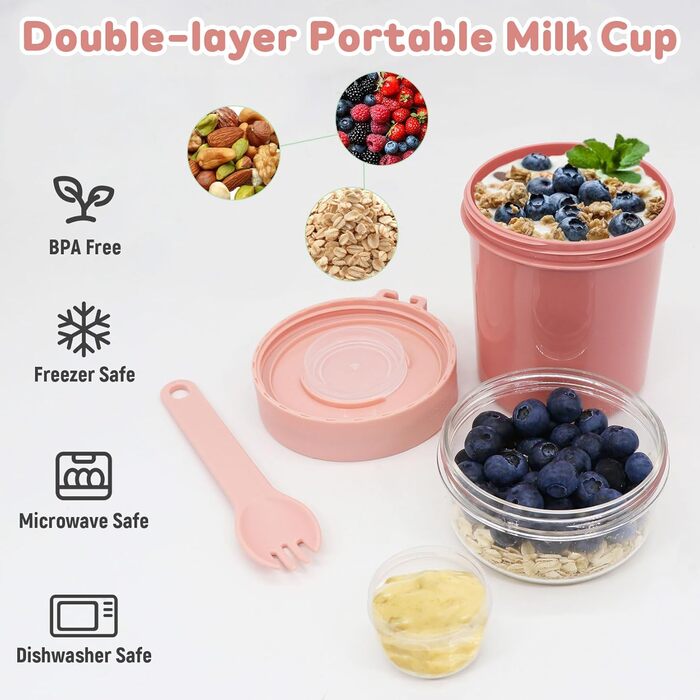 Стаканчик для пластівців 870 мл з ложкою та щіточкою, рожевий Forbabe