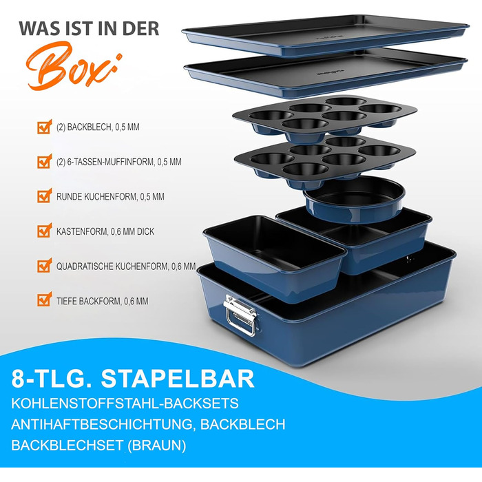 Набір форм для випічки NutriChef - Набір із 8 антипригарних форм для випічки - Без PFOA, PFOS, PTFE, придатний для використання в духовці до 232C - Кругла форма для випічки, форма для хліба, форма для мафінів та деко, придатний для миття в посудомийній ма