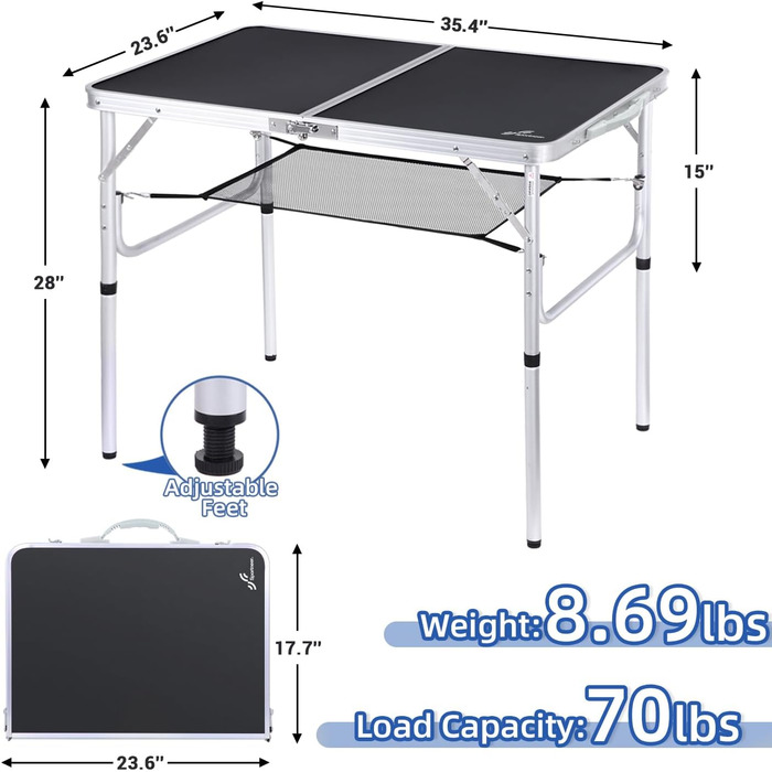 Складаний кемпінговий стіл з 2 рівнями висоти 90 х 60 см чорний Sportneer