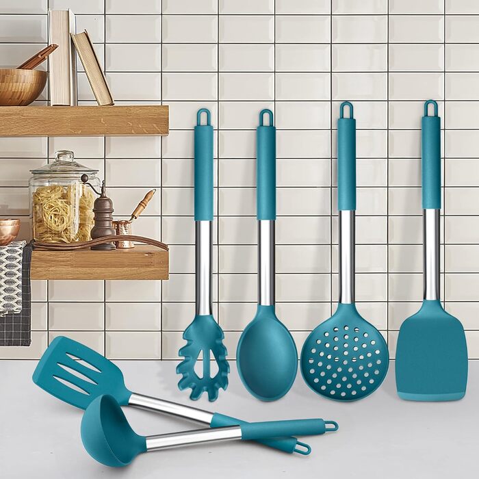 Набор кухонных гаджетов Herogo, 9 предметов силиконовой кухонной утвари, набор кухонных столовых приборов с держателем для посуды, набор шпателей для кухонной утвари с ручкой из нержавеющей стали, термостойкий и антипригарный (синий)