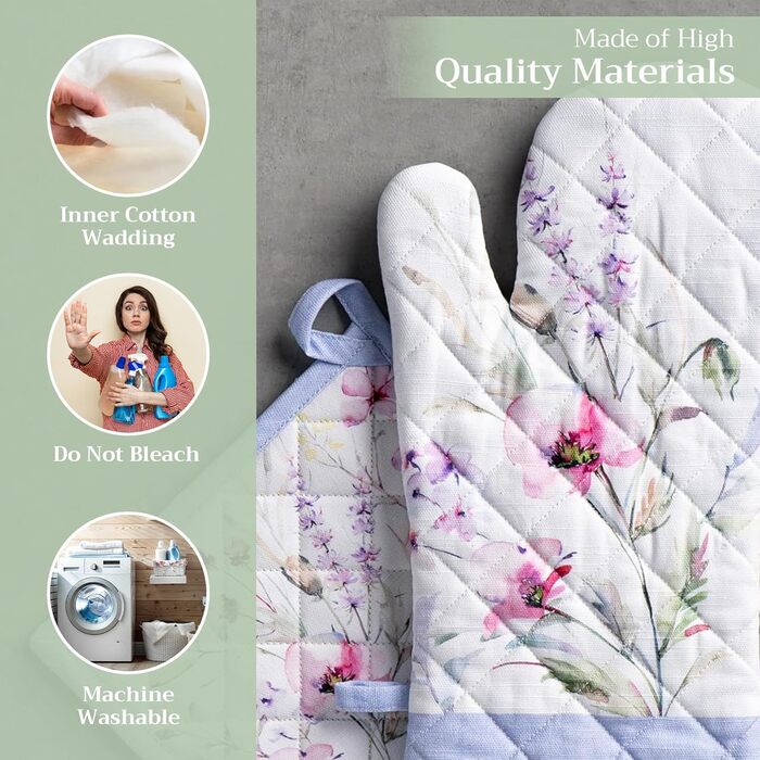 Рукавички для духовки Maison d&39 Hermine, Прихватки для каструль, 100 бавовна, термостійкі кухонні рукавички, рукавички для духовки (19 x 33 см) та прихватки для каструль (20 x 20 см) для приготування їжі, Morzine - Рукавички для духовки (19 x 33 см) та 