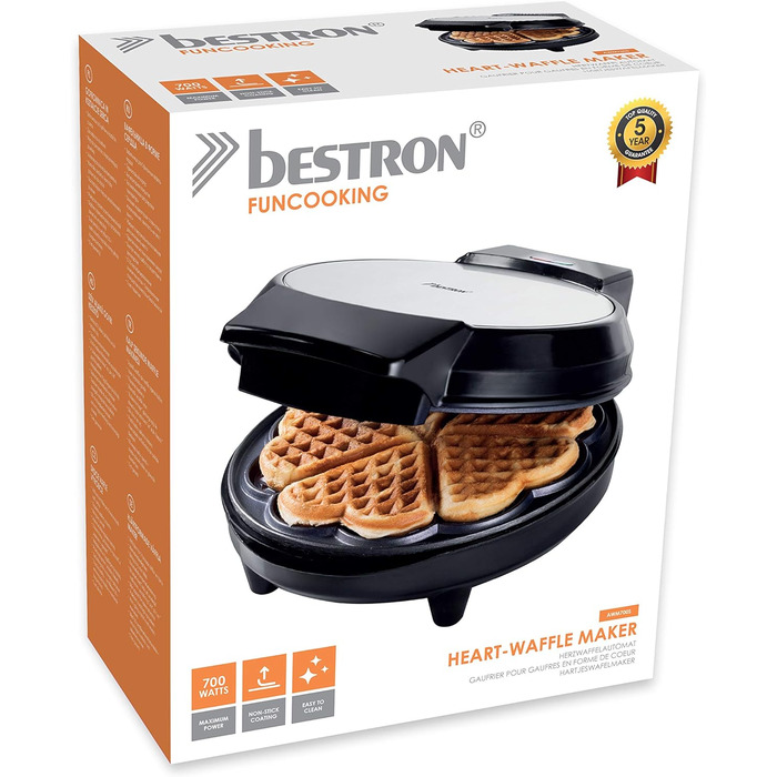 Вафельница Bestron для классических вафель с сердцем, вафельница с антипригарным покрытием для вафель в форме сердца, 700 Вт, цвет (черный, одинарный)