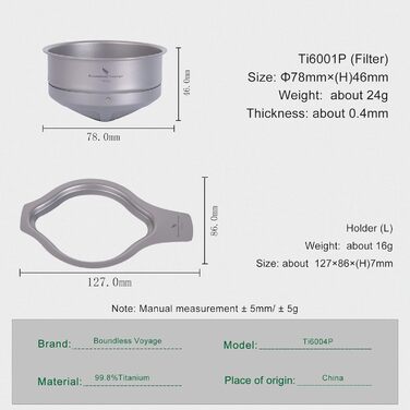 Безмежна подорож Титановий кавовий сітчастий фільтр Pour Over Безпаперовий повільний крапельний кавовий фільтр Багаторазова крапельниця для кемпінгу на відкритому повітрі Ti6001P (підставка для фільтра та фільтра (l))