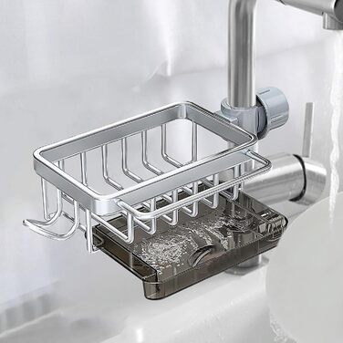 Тримач для губки для кухонного змішувача - Багатофункціональний органайзер для раковини Кошик для зберігання губок, рушників для посуду та щіток Міцний дизайн з алюмінію та ABS-пластику Ідеально підходить для зберігання у ванній кімнаті (сріблястий)