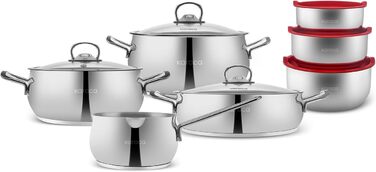 Набір індукційного посуду преміум-класу Karaca Emirgan з 8 предметів, сріблясто-червоний, міцний набір індукційного посуду, підходить для всіх типів плит, скляна кришка, каструлі та сковорідки, які можна мити в посудомийній машині (13 предметів - срібляст