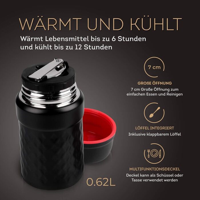 Мл термоконтейнер для їжі, ізольований харчовий контейнер з нержавіючої сталі, без бісфенолу А, герметичний з ложкою, ідеально підходить для супів, закусок і в дорозі (500 мл білий/чорний) (620 мл червоний/чорний), 2i 500
