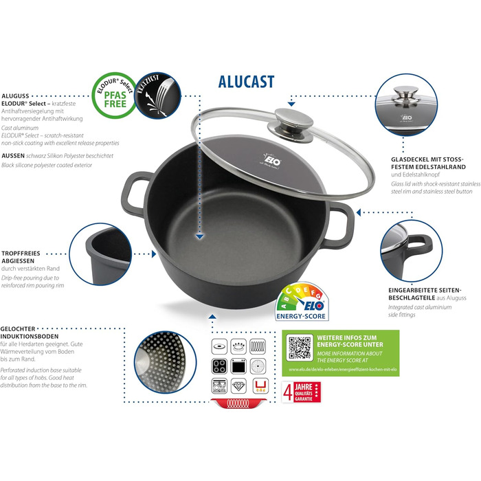 Каструля ELO Alucast 16 см зі скляною кришкою, виготовлена з високоякісного литого алюмінію - високоякісна, антипригарна, без PFAS з покриттям ELODUR Select, підходить для індукції, чорна (4 літри)