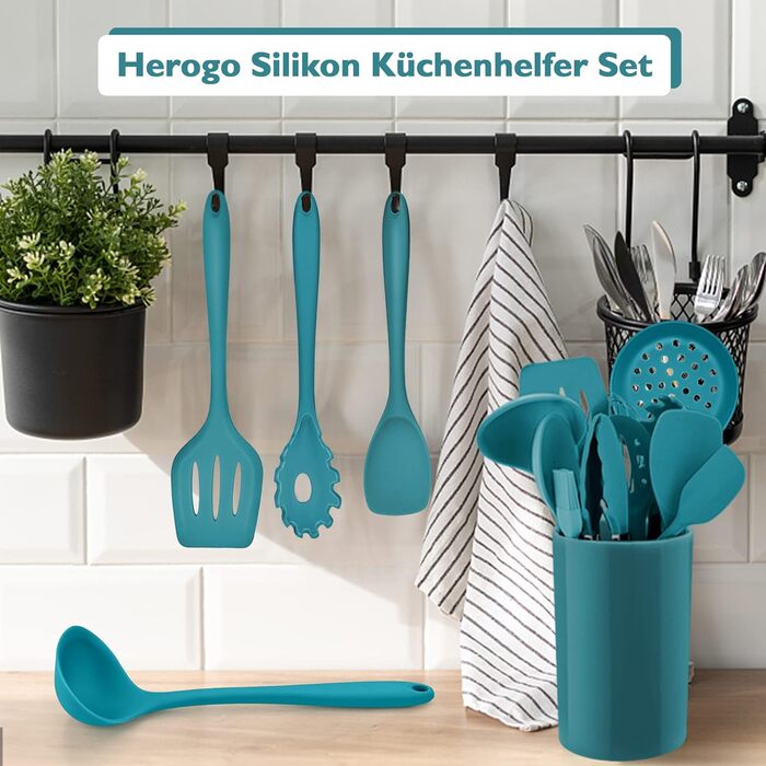 Набор кухонных гаджетов Herogo, набор силиконовой кухонной утвари из 22 предметов с держателем для посуды, термостойкие кухонные столовые приборы, кухонная утварь, здоровая и с антипригарным покрытием, можно мыть в посудомоечной машине, (синий)