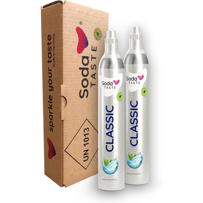 Набір із 2 змінних CO2-балонів SodaTASTE (змінний) для газованок, з натуральним м&39ятним смаком, без сиропу, для приготування до 120 л ароматизованої газованої води, без цукру (УВАГА потрібні 2 порожні балони) (Classic)