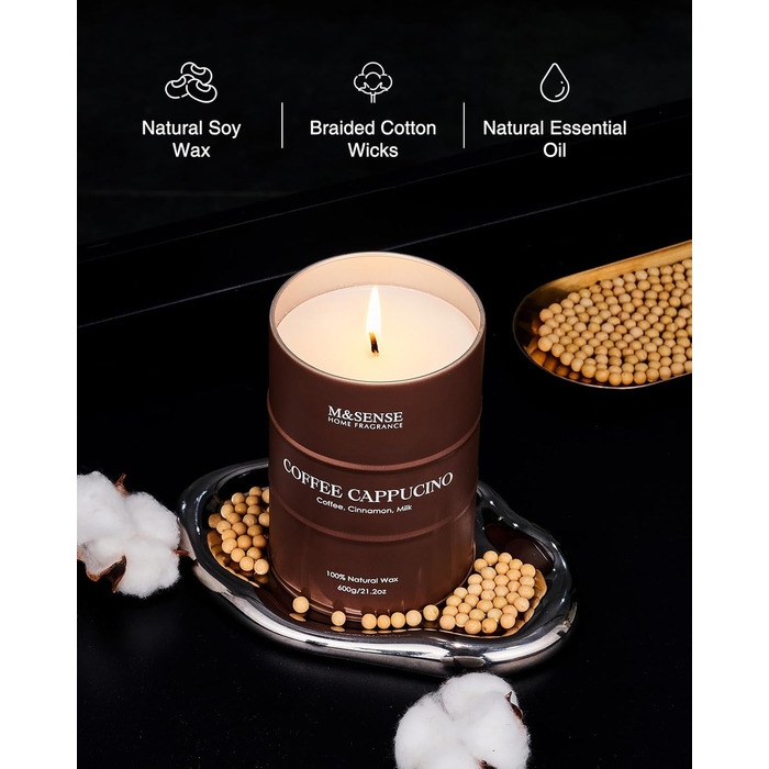 Ароматичні свічки M&SENSE з натурального соєвого воску, натуральна соєва свічка для домашнього декору, тривалий час горіння до 70 годин, класні подарунки-свічки для чоловіків і жінок (600 г, кава капучино)