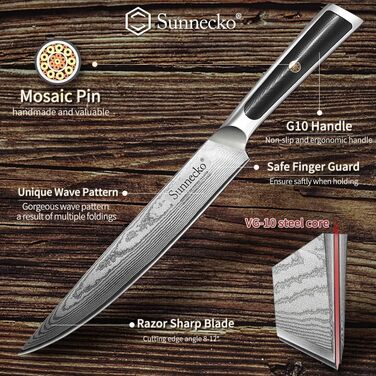 Ніж для хліба Sunnecko 20 см із зазубреним краєм, дамаський ніж для хліба, гострий кухонний ніж з лезом з дамаської сталі, ніж для різання хліба з ручкою G10