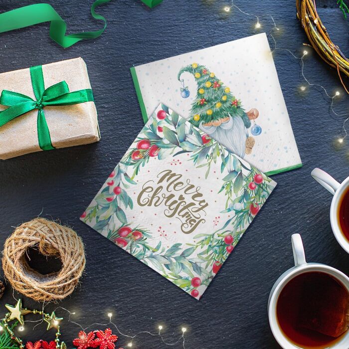 Серветки 3-шарові (33 x 33 см) I 20 шт. I Різнокольорові паперові серветки, ідеальні для різдвяного столу I Серветки - Різдво, зима, зірки, сніг, сніговики I (З Різдвом Христовим, квітковий принт)