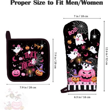 Різдвяний набір із 2 рукавичок для духовки та прихваток Arquiel, 100 бавовняні кулінарні рукавички, термостійкі кухонні рукавички для приготування їжі, різдвяні подарунки на кухню для жінок (Хелловін 01, рукавички для духовки*2 прихватки*2)