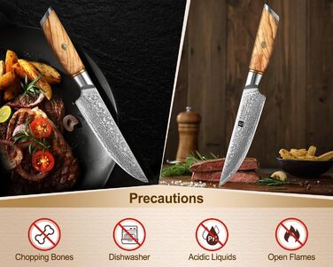 Набор из 4 ножей для стейка из дамасской стали 13 см с деревянным блоком XINZUO