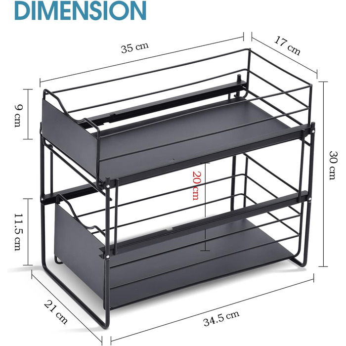 Рівневий органайзер для кухонних шаф, нижня полиця шафи, органайзер для зберігання ящиків, полиця для шухляд, полиця під раковиною для кухні, ванної кімнати, офісу, шафи чорна, 2-