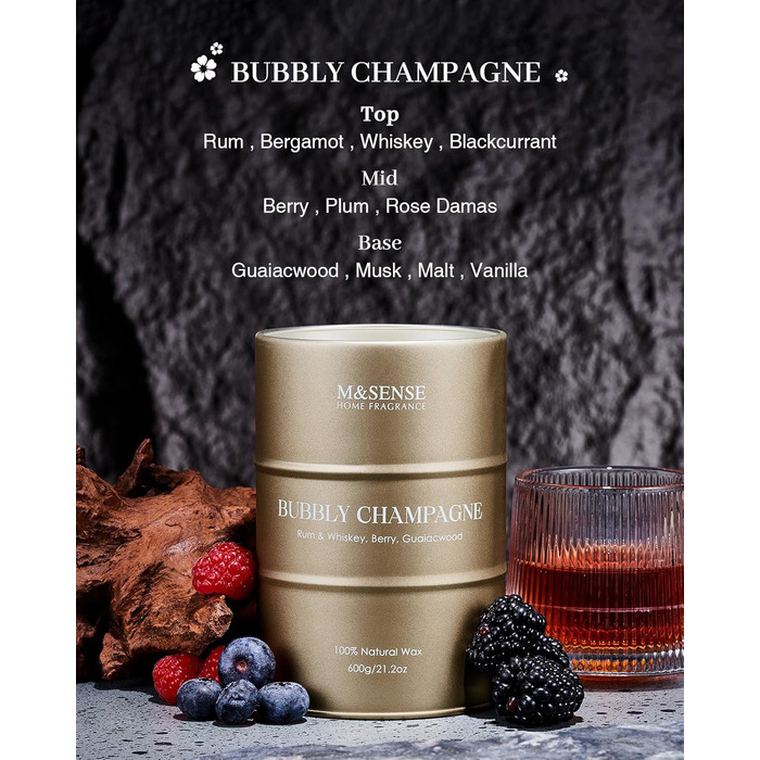 Ароматичні свічки M&SENSE з натурального соєвого воску, натуральна соєва свічка для домашнього декору, тривалий час горіння до 70 годин, стильні подарунки-свічки для чоловіків і жінок (600 г, ігристе шампанське)