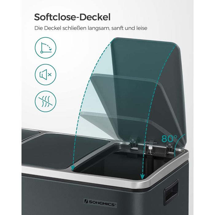 Кухонний контейнер для сміття SONGMICS, 3 x 18 л, система розділення сміття з 3 відділеннями, включаючи 15 мішків для сміття, відро для сміття, відро для сміття на педалі, для перероблених відходів, органічних відходів, з кришкою, LTB54BK (зелено-сірий)