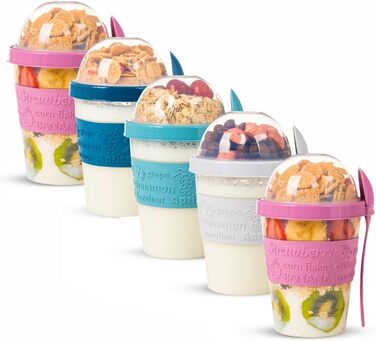 Стаканчики EYNEL для пластівців та йогурту з кришкою та ложкою, багаторазові пластикові парфе, молочний сніданок, хрусткі пластівці, вівсянка, смузі, перекус, чаша (4 кольори (набір з 5 кольорів - 2))