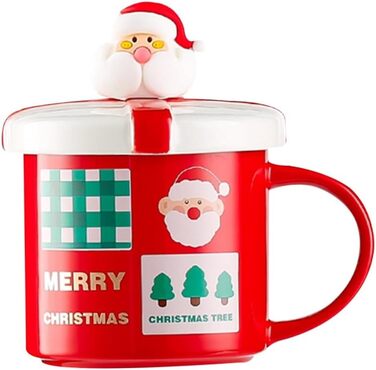 Рождественская кружка 400 мл с крышкой и ложкой, красная с принтом Санта Клауса SuperglockT