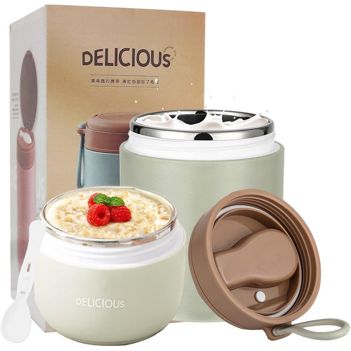 Стаканчик для пластівців Chedin з кришкою, стаканчик для каші з нержавіючої сталі 730 мл, герметичний стаканчик для йогурту з ложкою та кришкою, двошарові герметичні банки для консервування, ідеально підходять для роботи (зелені)