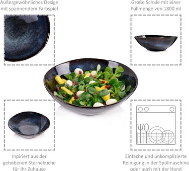 СПІВАЧКА Тарілка для пасти Токіо 4 шт., Тарілка для спагетті 4 персони, Набір посуду з кераміки Макарони, Тарілка з локшиною Можна мити в посудомийній машині, Миска для макаронів ручної роботи, Миска для макаронів синьо-чорна з коричневими вставками 1,2 л