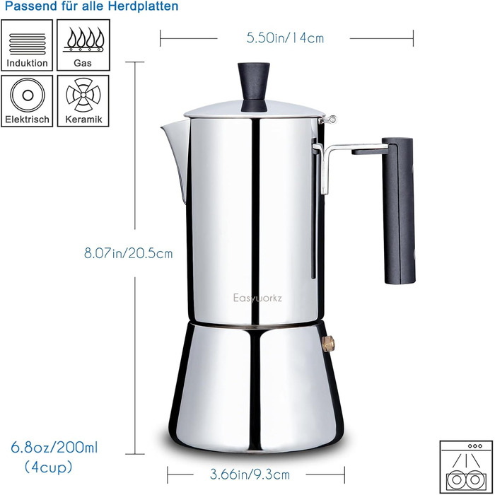 Кавоварка для еспресо 200 мл на 4 чашки, нержавіюча сталь Pedro Easyworkz