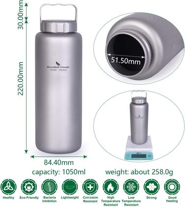 Безмежна титанова чашка Voyage з титановою спортивною пляшкою для води з плоскою кришкою 35.5 рідких унцій/1050 мл ультралегка, герметична для кемпінгу на відкритому повітрі, піших прогулянок (Ti1506b)