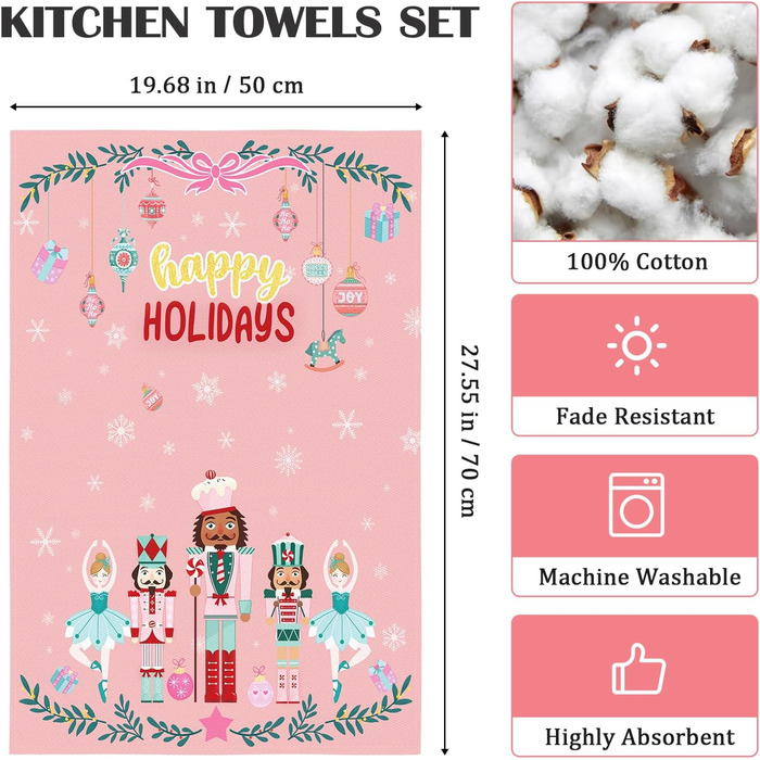 Набір із 4 кухонних рушників Arquiel &quotЗимова ялинка&quot, різдвяні кухонні рушники, декоративні, 100 бавовняні, абсорбуючі, подарунок на новосілля, 48 см x 70 см (Лускунчик рожевий, 48 см x 70 см, набір із 2 шт.)