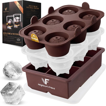 Запатентована кругла форма для льоду Neighbour&39s Friend, 2 шт. - XXL форма для льоду для віскі, рому та коктейлів - 12 кубиків льоду - міцна платинова силіконова форма для льоду, придатна для миття в посудомийній машині (1 форма для льоду 1 коричнева фо