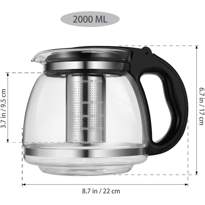 Чайник заварювальний скляний 2 л з фільтром для чаю OUNONA