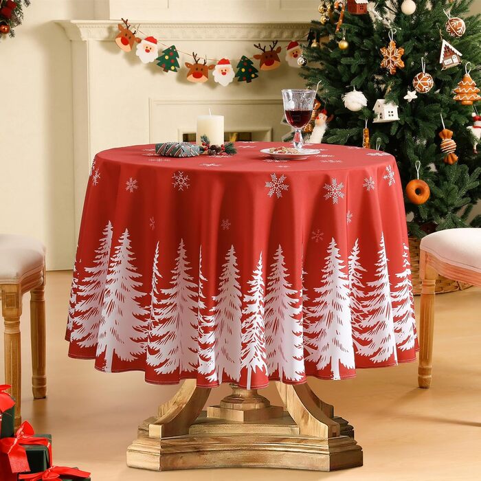 Велика різдвяна скатертина Softalker, яку можна прати, 300x150 см, сучасні різдвяні скатертини зі сніжинками та ялинковим мотивом для різдвяної вечері, сімейного свята, новорічної ночі, вулиці, кухні (180 см (кругла), червона)