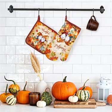 Набір з 2 кухонних рукавичок та тримача для каструлі Arquiel Gnome Autumn Orange Checked, 100 бавовняні кулінарні рукавички, термостійкі кухонні рукавички для приготування їжі, осінній декор, подарунки для жінок (осінній гном, духовка тримач для каструлі)