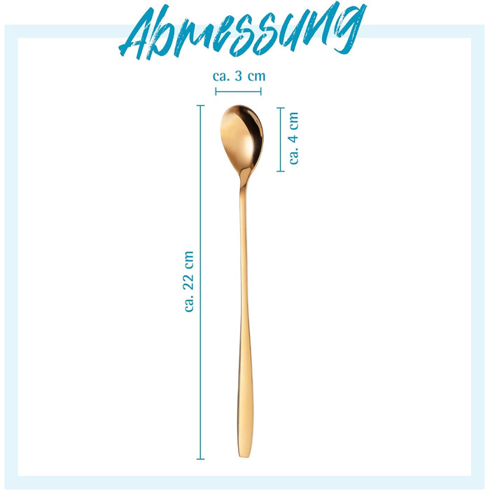 Набір ложок GRWE для лате макіато, золотий, 6 предметів, 22 см, довгі ложки, ложки для коктейлів, десертні ложки, ложки для морозива, ложки для кави з льодом, нержавіюча сталь, можна мити в посудомийній машині (золотий)