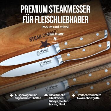 Вилка та ніж для стейка для м&39яса Steakchamp, 2 х 2 шт. виделки та ножі із сталевого леза, з мікрохвильовим помелом, набір з 4 шт., включаючи дерев&39яну коробку