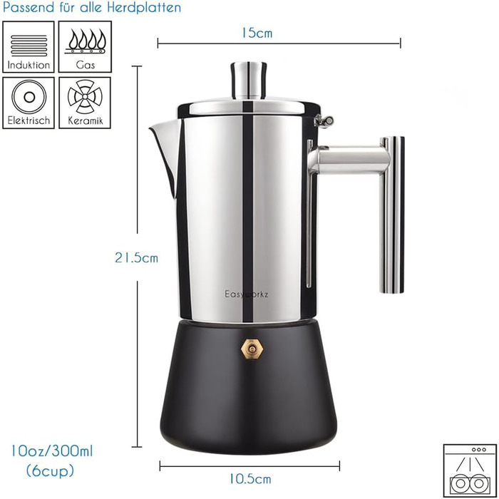 Кавоварка для плити на 6 чашок, 300 мл еспресо, чорна Diego Easyworkz