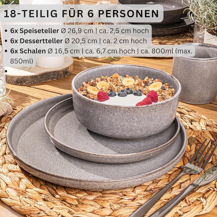 ОБІДНІ Комбінований сервіз на 6 персон, набір тарілок, кавовий кухоль, макаронна миска 30 шт. , набір посуду з кераміки, посудомийна машина - мікрохвильова піч - стійкий до подряпин, набір посуду з кераміки КОЛЕКЦІЯ ЦІННОСТЕЙ (Cairo moon сірий, столовий с