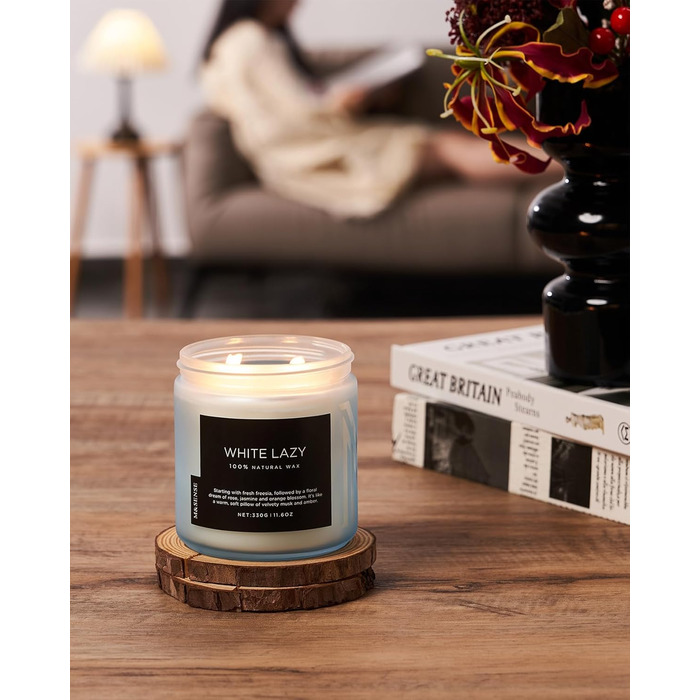 Ароматичні свічки M&SENSE з кавою у скляній банці з 2 гнітами 330 г, час горіння 70 годин, свічка з натурального соєвого воску для спальні, кухні, декору дому, подарункова свічка для чоловіків та жінок, смажена кава (біла лінива)