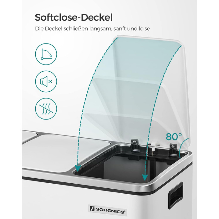 Кухонний контейнер для сміття SONGMICS, 3 x 18 л, система розділення сміття, 3 відділення, включаючи 15 мішків для сміття, відро для сміття, відро для сміття з педаллю, для вторинної переробки, органічні відходи, з кришкою, LTB54BK (білий хмара)