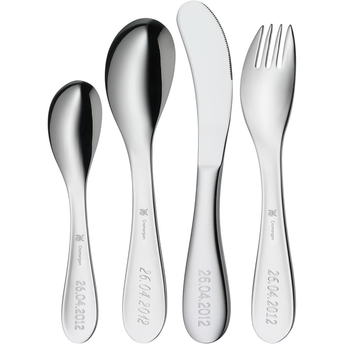 М'які дитячі столові прибори WMF з вигравіруваною назвою - персоналізований набір для дітей з гравіюванням - персоналізовані ідеї подарунків на хрестини для дівчаток і хлопчиків - персоналізовані столові прибори WMF - 4 предмети (з алмазним гравіюванням)