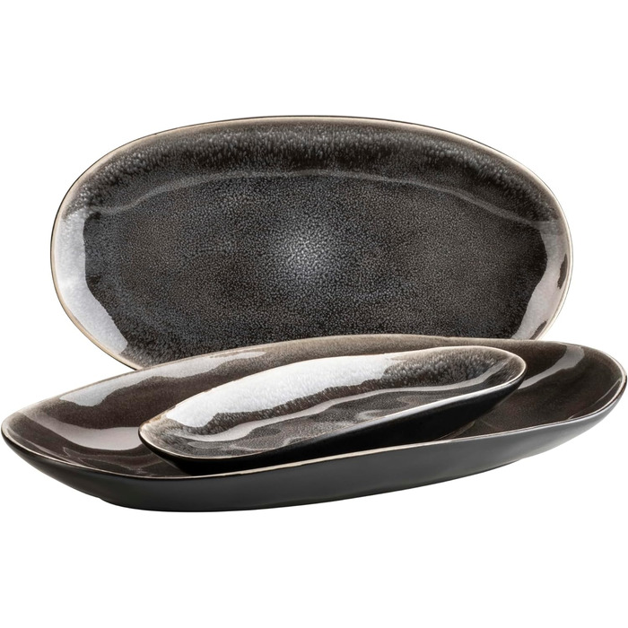 Сучасний набір тарілок для 4 осіб у захоплюючому вінтажному образі, набір тарілок із 3 предметів зі спеціальною комбінацією глазурі чорного та коричневого кольорів, керамограніт, 934070 Series Niara Organic