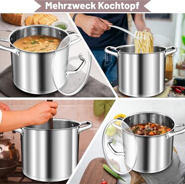 Велика каструля TEAMFAR, каструля з нержавіючої сталі, індукційна плита, скляна кришка, 3-шарове дно для всіх типів плит, каструля для пасти 26 см, каструля для м&39яса, без покриття та нетоксична, можна мити в посудомийній машині (10 літрів)