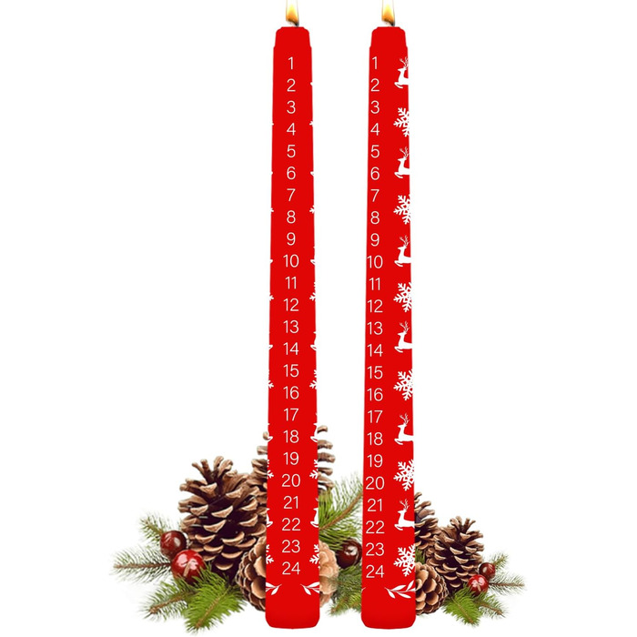 Набір з 2 різдвяних свічок у вигляді адвент-календарю 2 х 24 см, червоний UIKTSSL